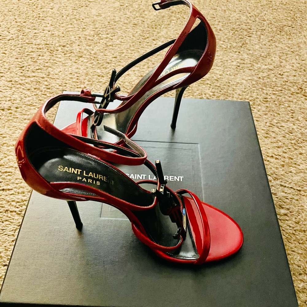 Yves Saint Laurent Red Patent Leather Strappy Heels - Picture 14 of 16